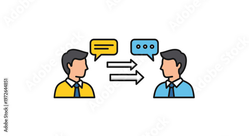 Vector illustration depicting two people actively conversing, exchanging ideas, and fostering dialogue, representing effective communication, discussion, and interaction