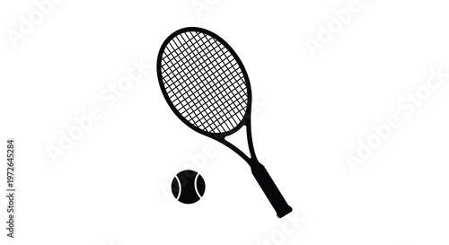 A stark black silhouette depicts a tennis racket and ball showcasing a popular athletic pastime silhouette high quality