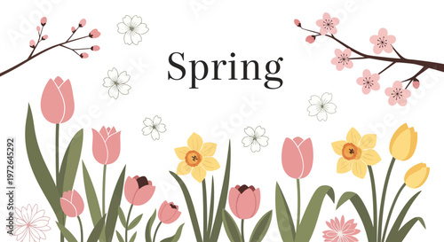 Beautiful vector illustration depicting a vibrant springtime scene with blooming tulips, daffodils, and cherry blossoms, symbolizing renewal and fresh beginnings