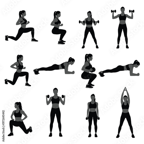 Woman exercising in gym doing lunges squats plank and weightlifting exercises silhouettes.