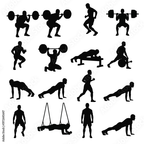 Man exercising silhouettes doing squats deadlifts running bench press and core exercises.