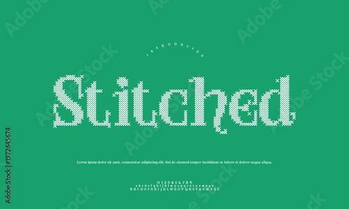 Stitched pixelated font logo, creative typography design on green background, cross stitch, embroidery font, diy font, crafty font, unique font, collection, font set, font choice, font inspiratio