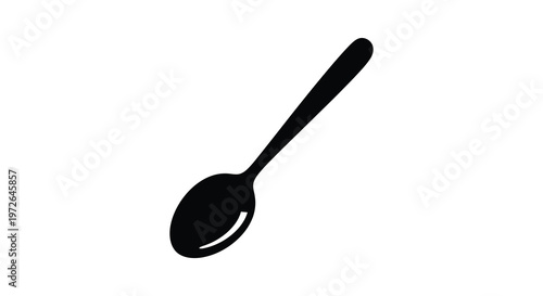 A simple black silhouette of a spoon is displayed on a plain white background minimalistic silhouette high quality