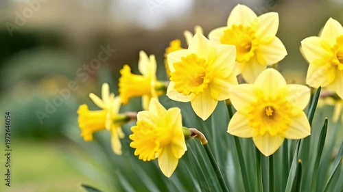 Yellow daffodil flowers blooming in a spring garden. Nature scene with bright floral growth showcasing seasonal plant life in outdoor park for botanical study.