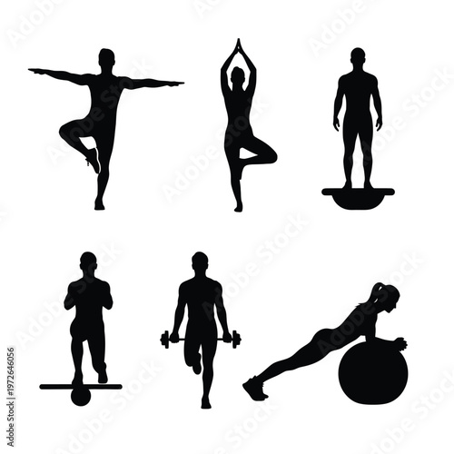 Fitness silhouettes diverse poses demonstrating balance training yoga and strength exercises.