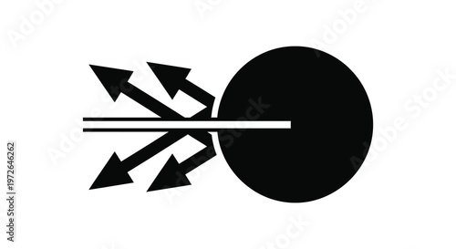 A striking graphic depicts a large circle and arrows emanating from a horizontal line forming a bold silhouette