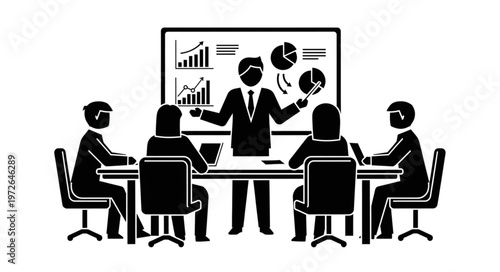 Corporate team meeting presentation with presenter leading discussion.