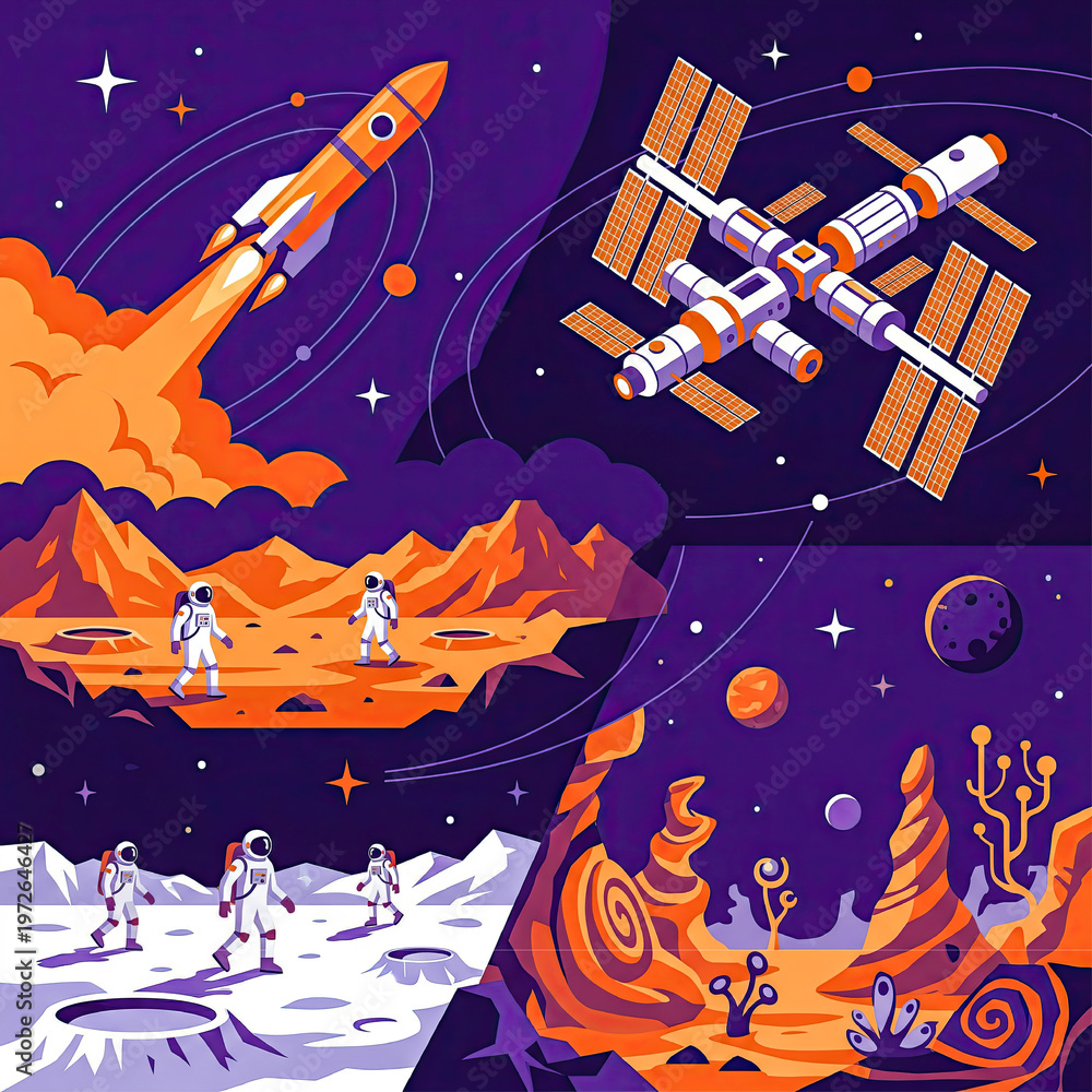 Naklejka premium A collection of flat vector illustrations depicting scenes of space travel, discovery, and futuristic cosmic landscapes.