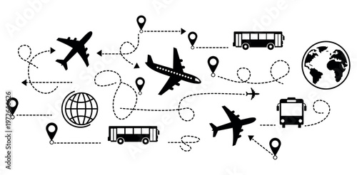 A black and white illustration of various transportation modes and travel icons connected by dotted lines and arrows on a white background