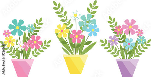 Colorful Flower Pots with Spring Flowers and Greenery Set, Featuring Pink, Blue, Yellow, and Purple Floral Designs for Nature and Gardening Projects