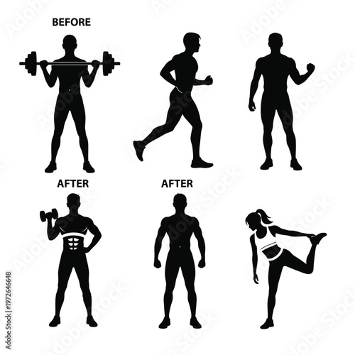 Man and woman fitness transformation before and after workout illustrations.