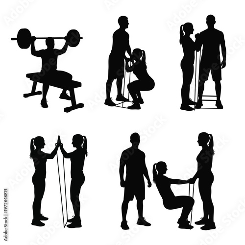 Workout silhouettes with diverse exercises from weightlifting to resistance band training isolated.