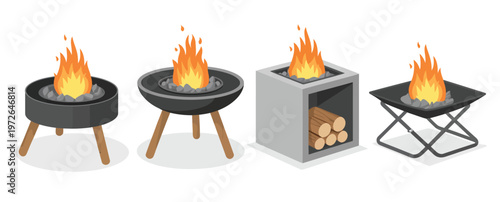 Outdoor fire pits vector set, collection of four different designs with flames and decorative stones, perfect for backyard, patio, and outdoor lifestyle illustrations.