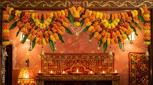 Festive Indian Wedding Decoration with Marigold Flower Garlands and Traditional Setting