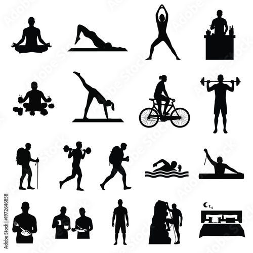 Diverse activities silhouette collection: yoga, cycling, swimming, hiking, and daily routines.