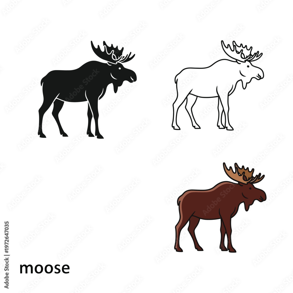 Fototapeta premium Moose vector icon set, simple shape silhouette, line drawing, and color illustration.