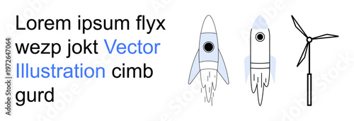 Renewable energy, space exploration, eco-friendly innovation, clean energy, futuristic ideas, green technology. Rockets launching and a wind turbine. Renewable energy and space exploration theme