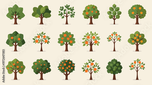 A minimalist illustration of a tree bearing bright orange fruit, evoking feelings of abundance and freshness. Ideal for health-related content or desi