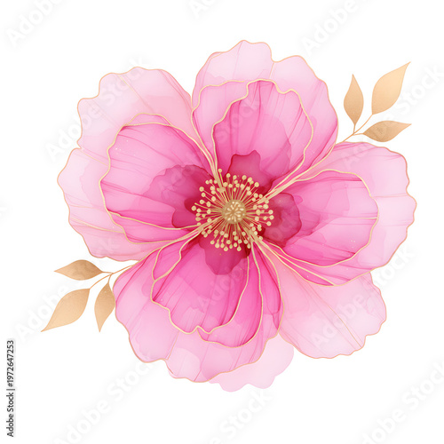 Pink peony flower in alcohol ink style with golden leaves isolated on white background for wedding invitation greeting card feminine design luxury floral illustration and elegant decoration