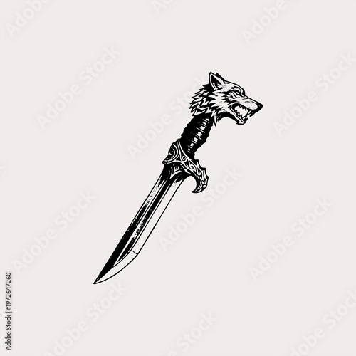 Hand drawn sketch of a wolf head hilt dagger