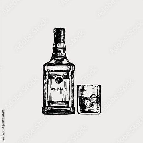 Hand drawn sketch of a whiskey bottle and glass with ice
