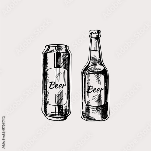Hand drawn sketch of a beer can and bottle