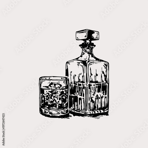 Hand drawn sketch of a whiskey decanter and glass with ice