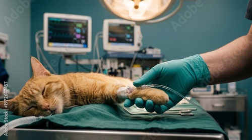 Veterinarian in green gloves holding a ginger cat paw with an IV drip during surgery on a green table, veterinary care, pet health, medical procedure.