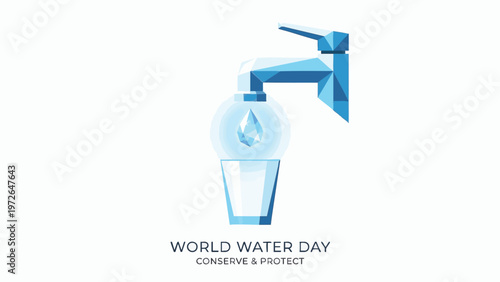 Stylized Faucet Dripping Water into Clear Glass Illustration