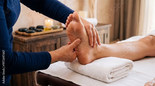 Therapist hands massaging a person foot resting on a white towel on a massage bed, reflexology treatment, foot care, deep relaxation.