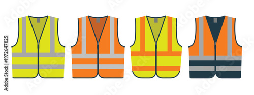 High-visibility safety vest vector set, collection of yellow and orange vests with reflective stripes, perfect for construction, industrial, and workplace safety design projects.