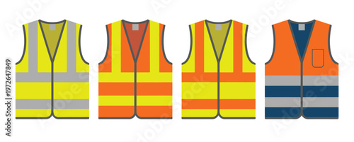 Safety vest illustration collection, bright yellow and orange vests featuring reflective stripes, ideal for occupational safety, roadwork, and emergency response graphics.