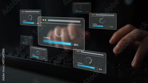 Foto Digital User Interface Displaying Multiple Loading Progress Bars While Hands Are Typing on Keyboard in Dark Environment Gluon