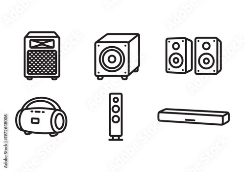 Collection of audio equipment icons, including a boombox, tower speaker, soundbar, bookshelf speakers, and a subwoofer, representing various sound systems and playback 