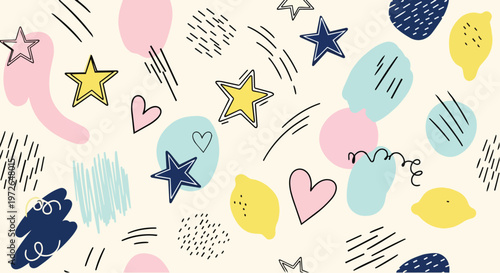 Colorful doodles of hearts, stars, and shapes float on a cream background.
