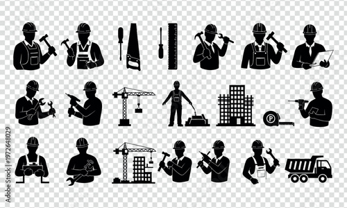 Diverse icons depicting various construction and building professions and tools Vector silhouette