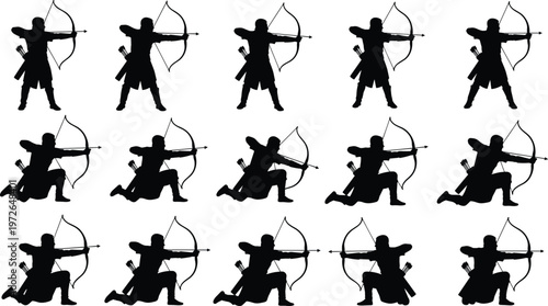 Archer silhouettes set, bow and arrow poses, medieval hunter collection, target shooting action, warrior stance illustration, sport archery vector design