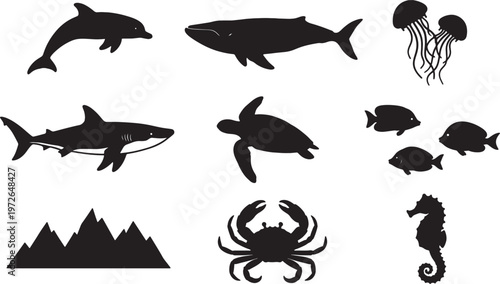 Set of marine animals and sea creatures illustrated in silhouette