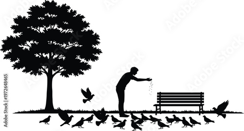 Bird silhouettes flock set, pigeons walking and flying, urban wildlife collection, black animal shapes, nature scene illustration, city birds vector design