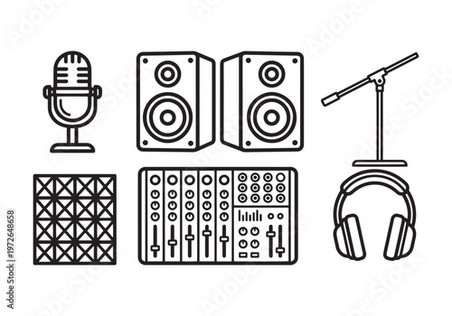 Collection of audio equipment icons, including a vintage microphone, studio monitor speakers, a professional audio mixer, headphones, a microphone stand, and a soundproofing panel, all rendered in a