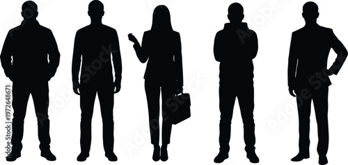 Business people silhouettes set, professional team standing, office workers collection, corporate lifestyle concept, black figures, isolated design, leadership and teamwork