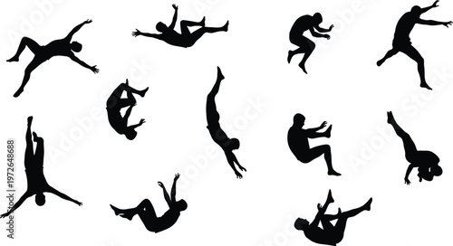 Tableau sur toile Black silhouette set of people falling and jumping in mid-air, dynamic action poses of human figures in free fall motion