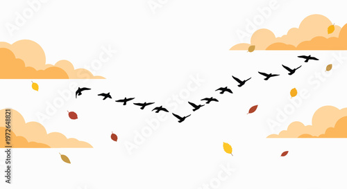 A flock of birds flying in a V-formation through a sky with scattered autumn leaves and clouds.
