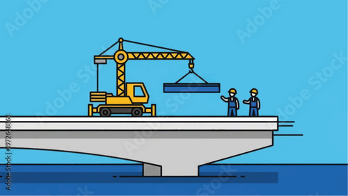 Infrastructure Bridge Construction Illustration. Crane Lifting Steel Beam with Workers on Concrete Pier Over Water.