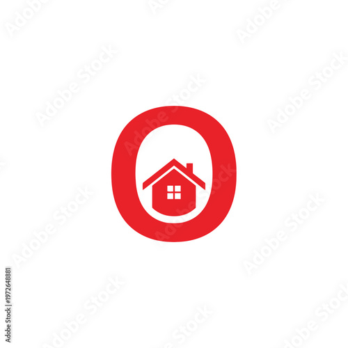 Abstract red o letter logo with stylized house icon inside design concept for real estate.