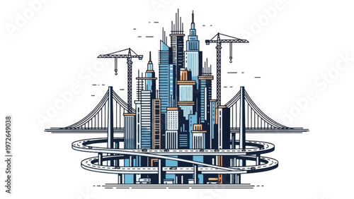 Modern Cityscape Illustration: Urban Skyline, Infrastructure, Bridges, and Construction Cranes