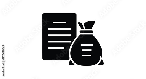 A stark black graphic depicts a document and a bag of money representing finance or wealth silhouette