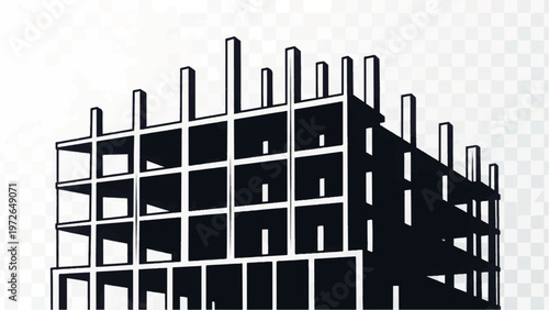 Black and white sketch illustration of a multi-story concrete building frame, construction site architecture silhouette drawing.