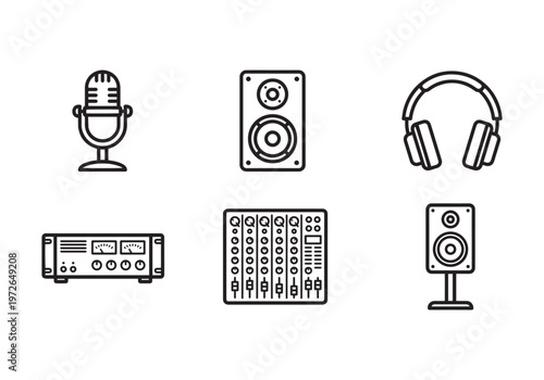 Collection of audio equipment icons, including a vintage microphone, studio monitor speakers, professional headphones, a rackmount amplifier with VU meters, and a detailed