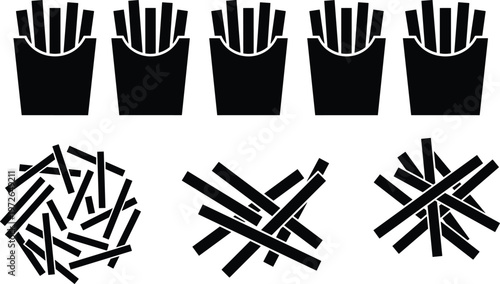  French fries silhouettes set, fast food icons, crispy potato sticks, snack illustration, black shapes collection, junk food concept, isolated design